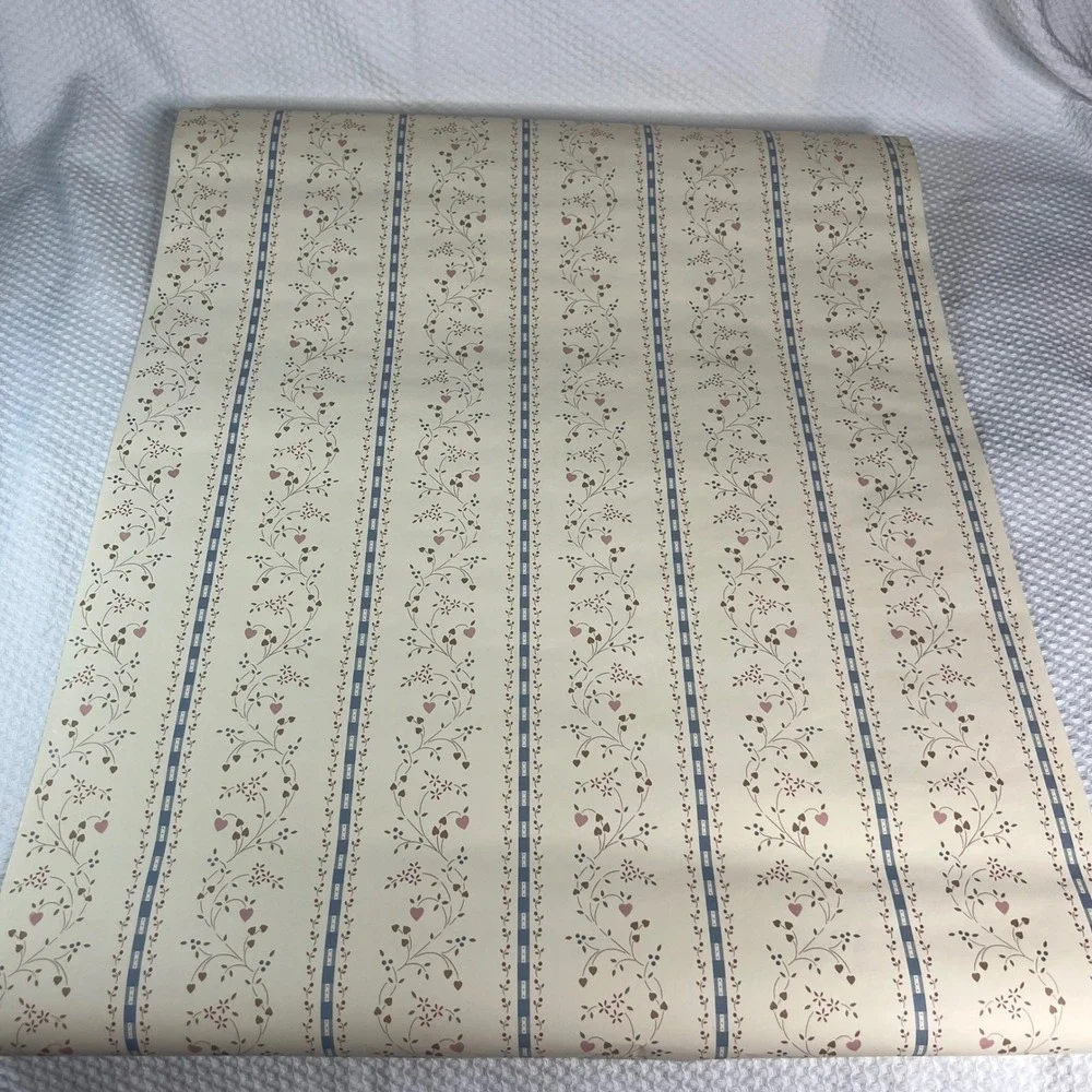 VTG Country Wallpaper Rolls Hearts Vines Floral Cream Blue 2 Thin Rolls 20.5